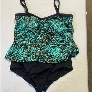 Maxine of Hollywood Green and Black One Piece Swimwear with Tropical Print